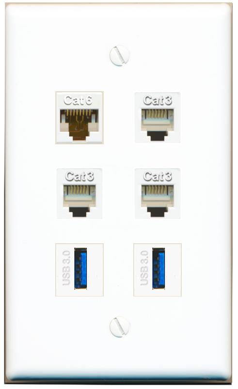  CAT6 3 PHONE 2 USB-3 Flat/Solid Wall Plate [White]
