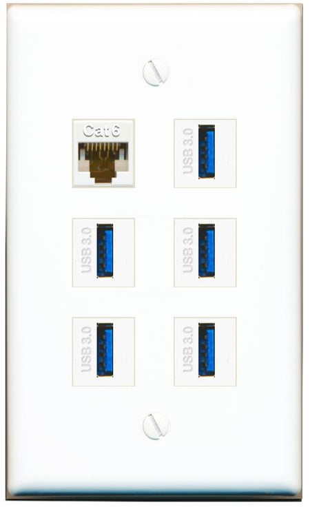  CAT6 5 USB-3 Flat/Solid Wall Plate [White]