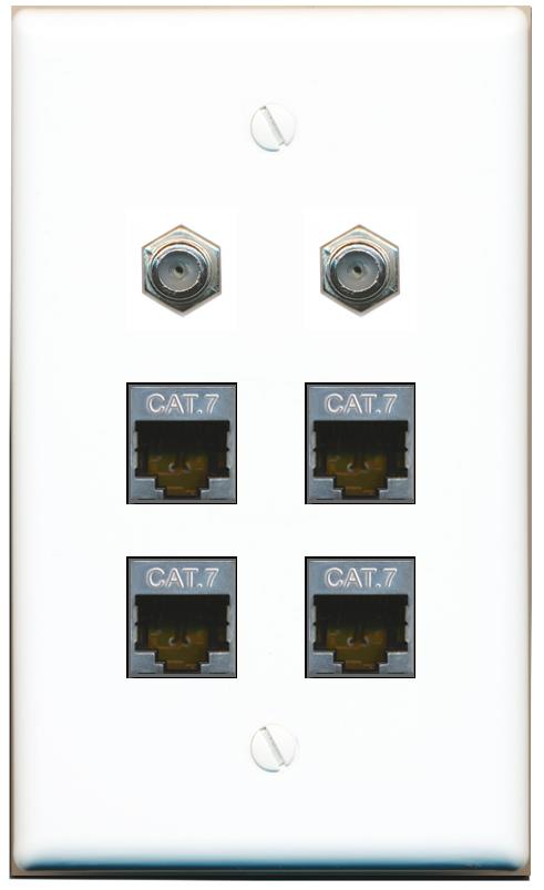  4 CAT7 2 COAX Flat/Solid Wall Plate [White]