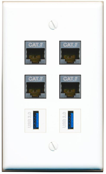  4 CAT7 2 USB-3 Flat/Solid Wall Plate [White]