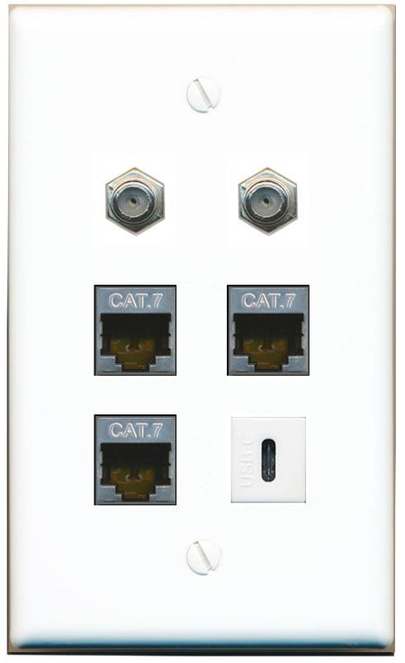  3 CAT7 2 COAX USBC Flat/Solid Wall Plate [White]