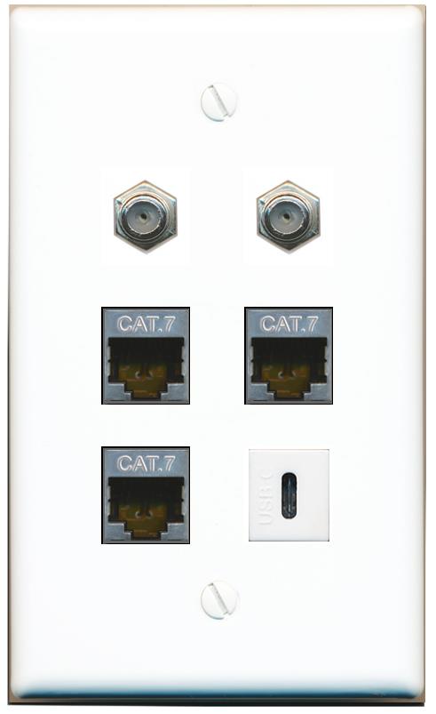  3 CAT7 2 COAX USBC Flat/Solid Wall Plate [White]
