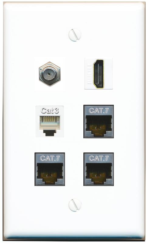  3 CAT7 COAX HDMI PHONE Flat/Solid Wall Plate [White]