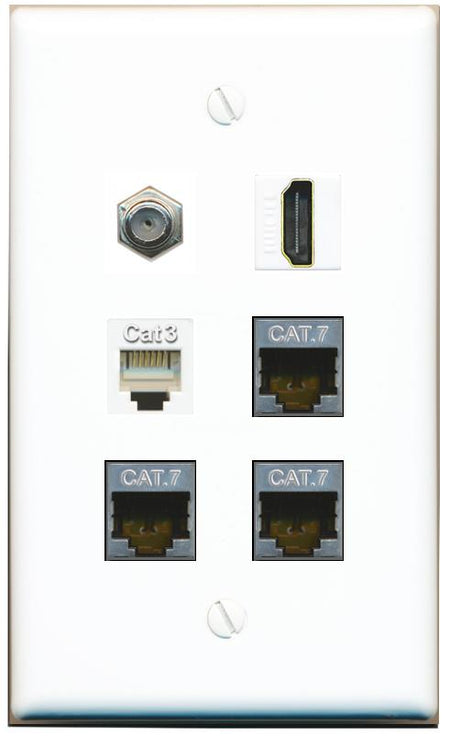  3 CAT7 COAX HDMI PHONE Flat/Solid Wall Plate [White]