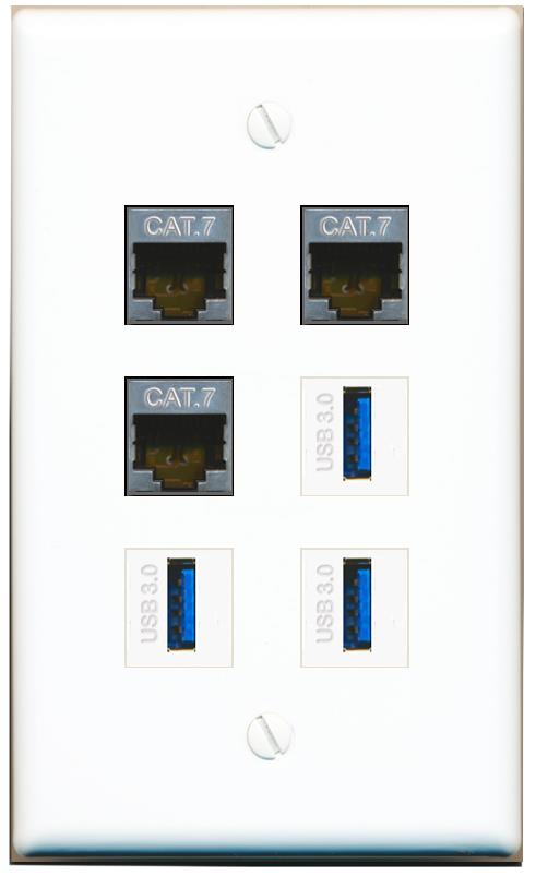  3 CAT7 3 USB-3 Flat/Solid Wall Plate [White]