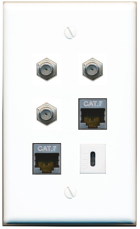  2 CAT7 3 COAX USBC Flat/Solid Wall Plate [White]