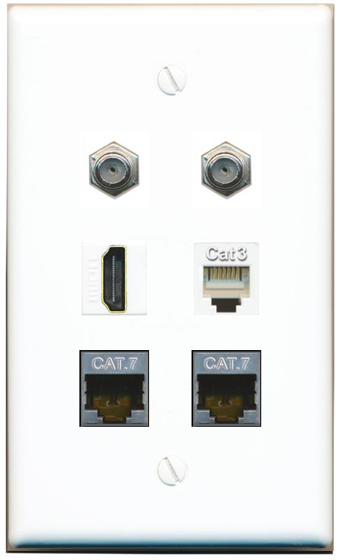  2 CAT7 2 COAX HDMI PHONE Flat/Solid Wall Plate [White]