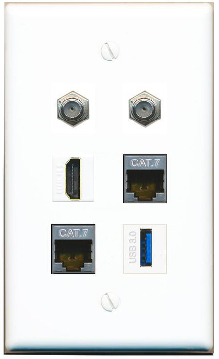  2 CAT7 2 COAX HDMI USB-3 Flat/Solid Wall Plate [White]