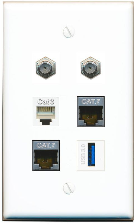  2 CAT7 2 COAX PHONE USB-3 Flat/Solid Wall Plate [White]