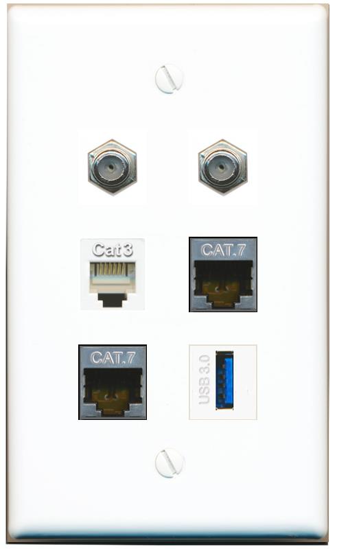  2 CAT7 2 COAX PHONE USB-3 Flat/Solid Wall Plate [White]