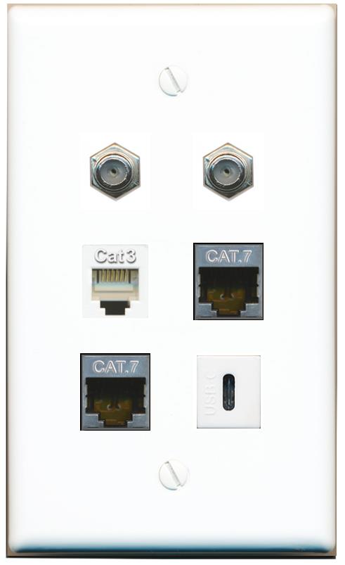  2 CAT7 2 COAX PHONE USBC Flat/Solid Wall Plate [White]
