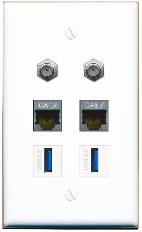  2 CAT7 2 COAX 2 USB-3 Flat/Solid Wall Plate [White]