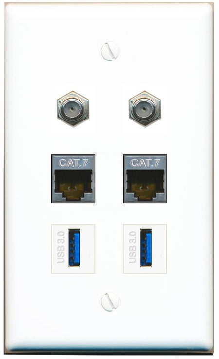  2 CAT7 2 COAX 2 USB-3 Flat/Solid Wall Plate [White]