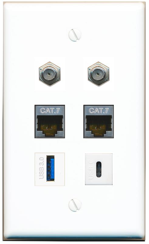  2 CAT7 2 COAX USB-3 USBC Flat/Solid Wall Plate [White]