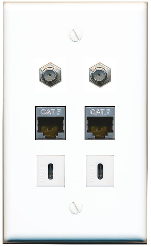  2 CAT7 2 COAX 2 USBC Flat/Solid Wall Plate [White]