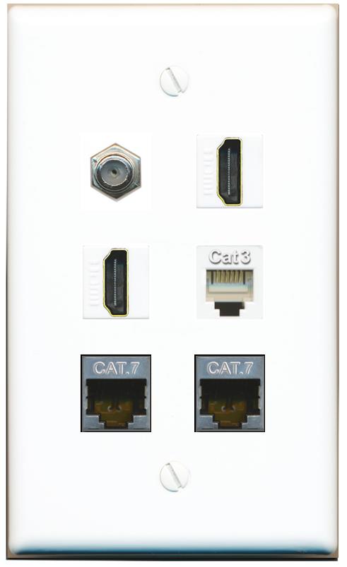  2 CAT7 COAX 2 HDMI PHONE Flat/Solid Wall Plate [White]