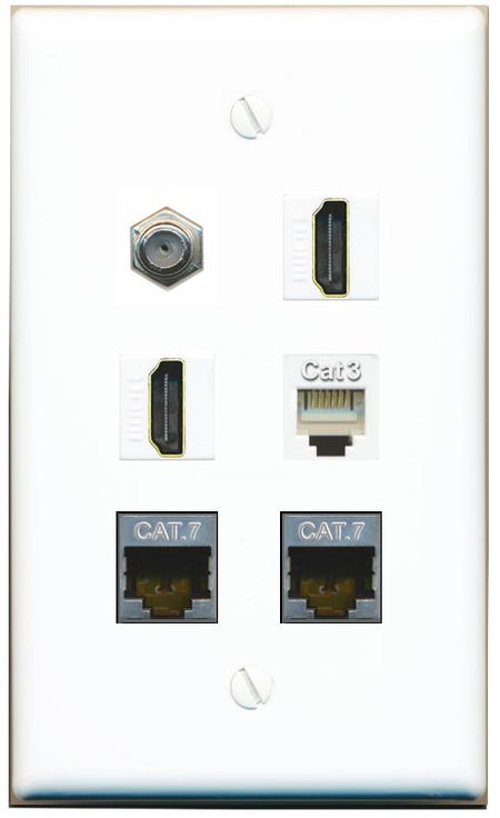  2 CAT7 COAX 2 HDMI PHONE Flat/Solid Wall Plate [White]