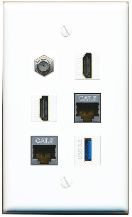  2 CAT7 COAX 2 HDMI USB-3 Flat/Solid Wall Plate [White]