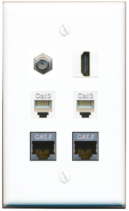  2 CAT7 COAX HDMI 2 PHONE Flat/Solid Wall Plate [White]