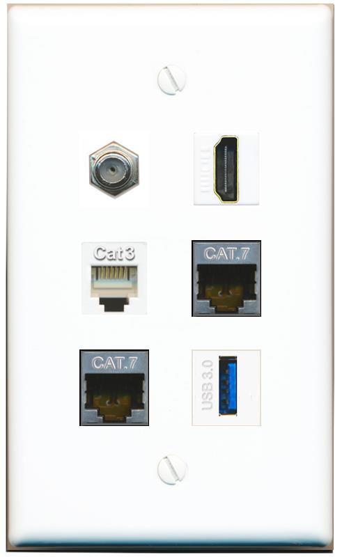  2 CAT7 COAX HDMI PHONE USB-3 Flat/Solid Wall Plate [White]