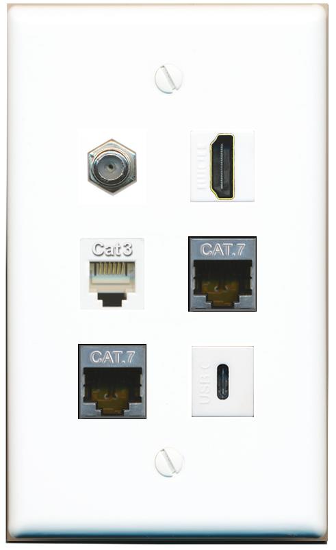  2 CAT7 COAX HDMI PHONE USBC Flat/Solid Wall Plate [White]