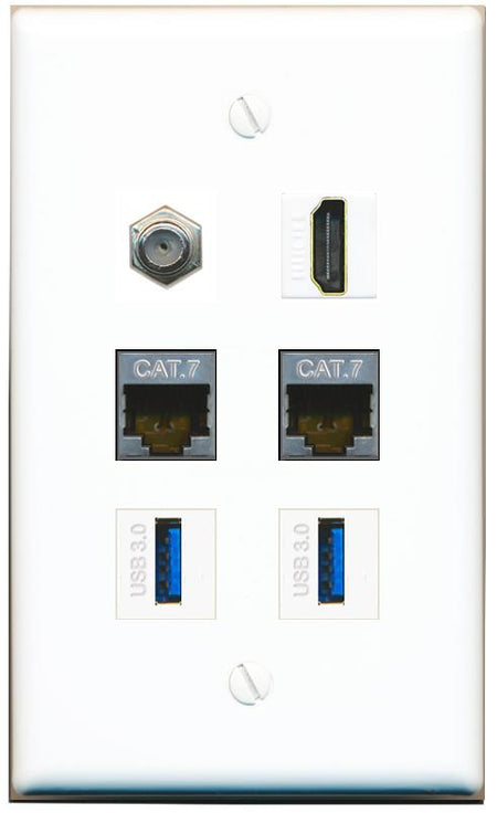  2 CAT7 COAX HDMI 2 USB-3 Flat/Solid Wall Plate [White]