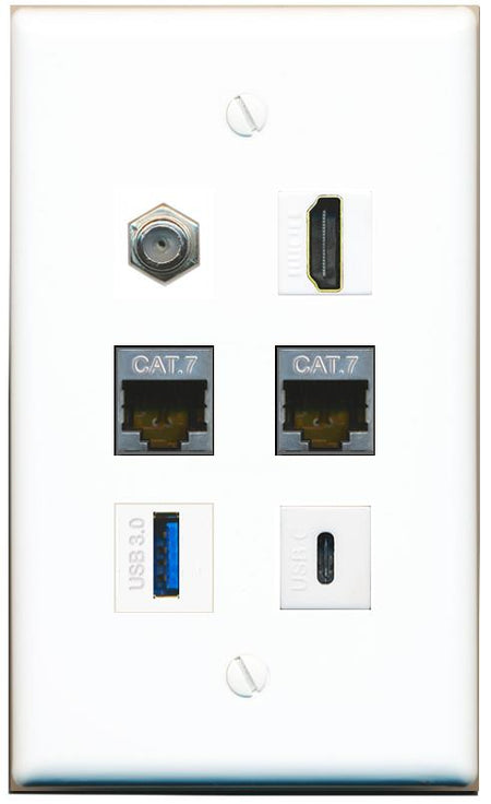  2 CAT7 COAX HDMI USB-3 USBC Flat/Solid Wall Plate [White]