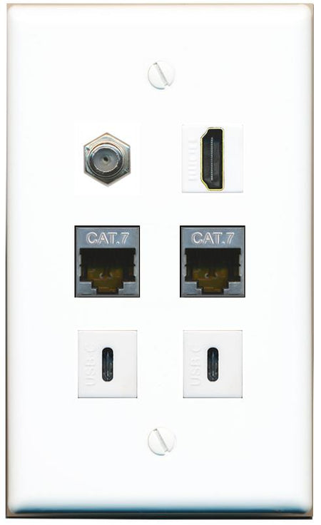  2 CAT7 COAX HDMI 2 USBC Flat/Solid Wall Plate [White]