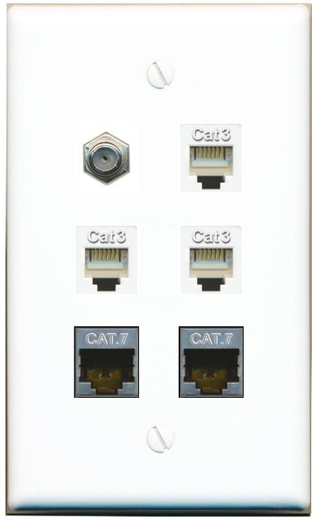  2 CAT7 COAX 3 PHONE Flat/Solid Wall Plate [White]
