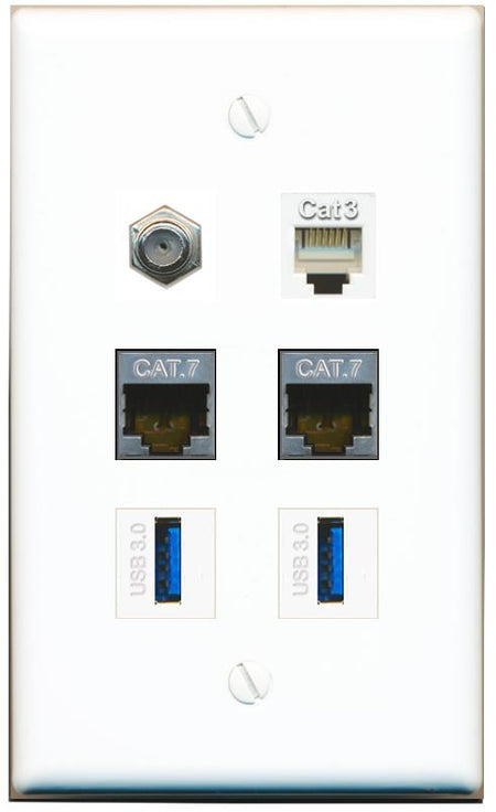  2 CAT7 COAX PHONE 2 USB-3 Flat/Solid Wall Plate [White]