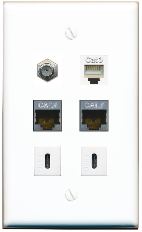  2 CAT7 COAX PHONE 2 USBC Flat/Solid Wall Plate [White]