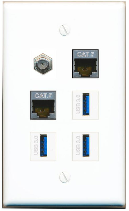  2 CAT7 COAX 3 USB-3 Flat/Solid Wall Plate [White]