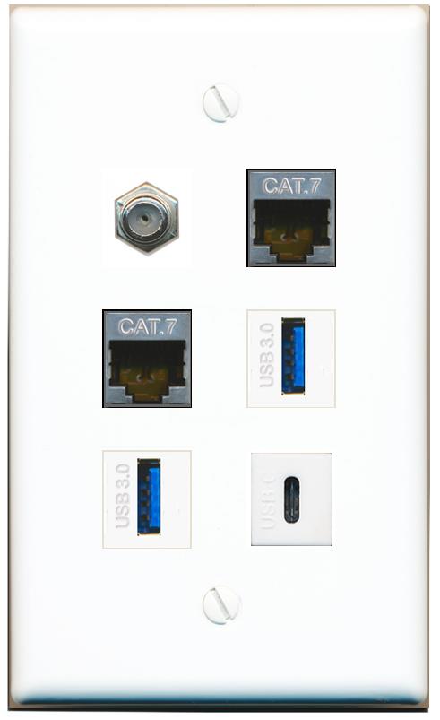  2 CAT7 COAX 2 USB-3 USBC Flat/Solid Wall Plate [White]