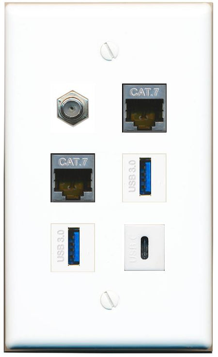  2 CAT7 COAX 2 USB-3 USBC Flat/Solid Wall Plate [White]