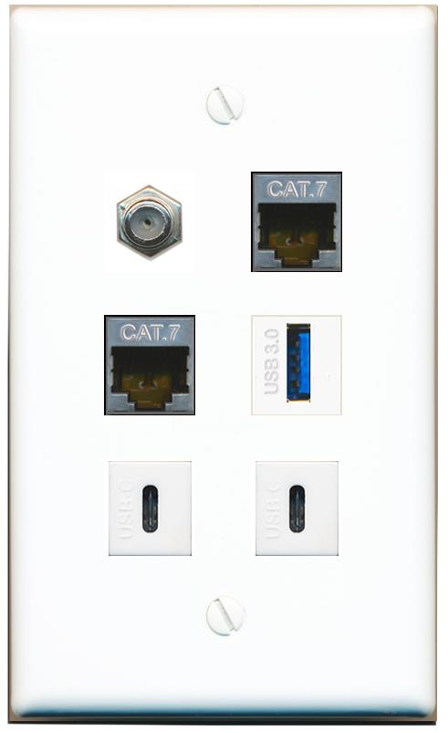  2 CAT7 COAX USB-3 2 USBC Flat/Solid Wall Plate [White]