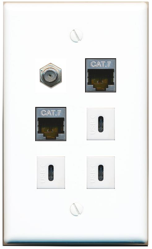  2 CAT7 COAX 3 USBC Flat/Solid Wall Plate [White]