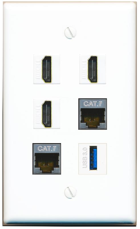  2 CAT7 3 HDMI USB-3 Flat/Solid Wall Plate [White]