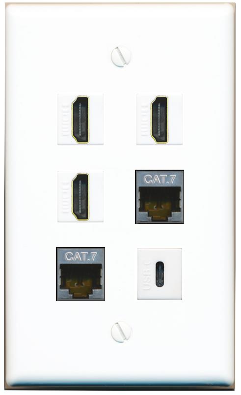  2 CAT7 3 HDMI USBC Flat/Solid Wall Plate [White]