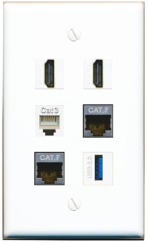  2 CAT7 2 HDMI PHONE USB-3 Flat/Solid Wall Plate [White]