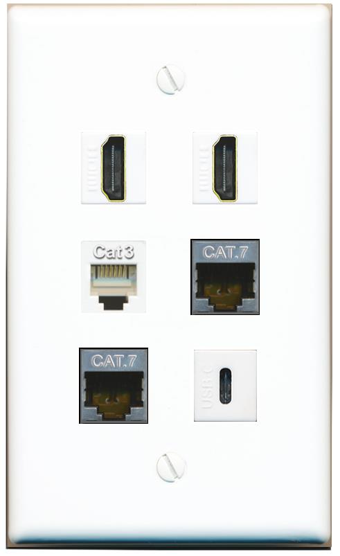  2 CAT7 2 HDMI PHONE USBC Flat/Solid Wall Plate [White]