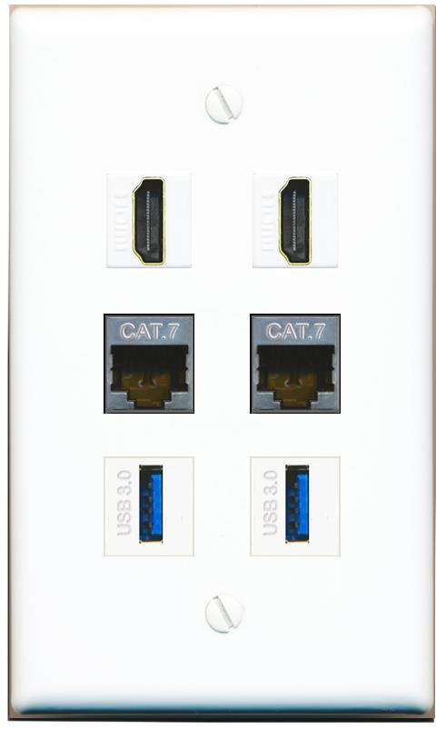  2 CAT7 2 HDMI 2 USB-3 Flat/Solid Wall Plate [White]