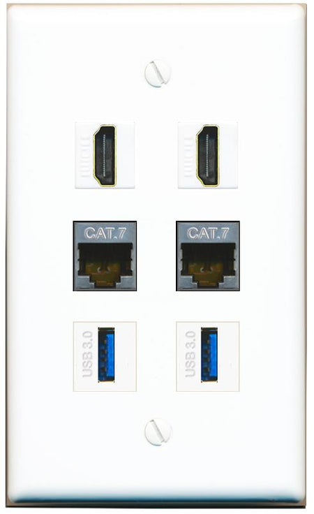  2 CAT7 2 HDMI 2 USB-3 Flat/Solid Wall Plate [White]