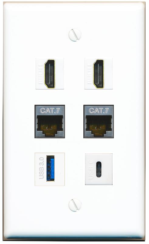  2 CAT7 2 HDMI USB-3 USBC Flat/Solid Wall Plate [White]