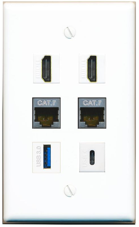  2 CAT7 2 HDMI USB-3 USBC Flat/Solid Wall Plate [White]