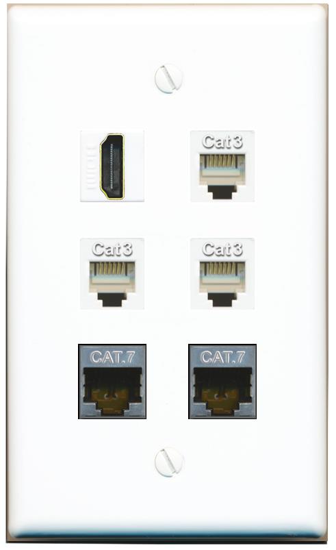  2 CAT7 HDMI 3 PHONE Flat/Solid Wall Plate [White]