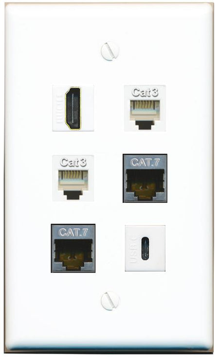  2 CAT7 HDMI 2 PHONE USBC Flat/Solid Wall Plate [White]