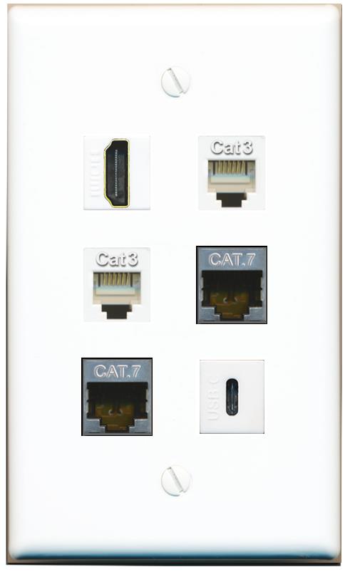  2 CAT7 HDMI 2 PHONE USBC Flat/Solid Wall Plate [White]