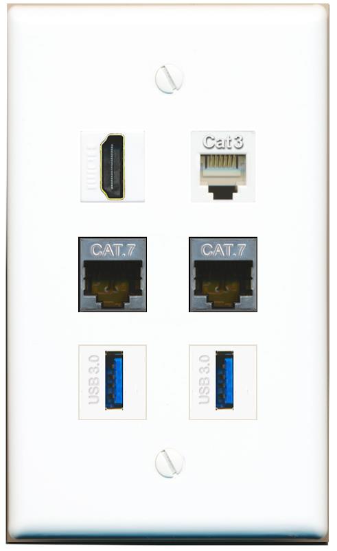  2 CAT7 HDMI PHONE 2 USB-3 Flat/Solid Wall Plate [White]