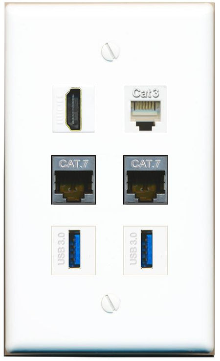  2 CAT7 HDMI PHONE 2 USB-3 Flat/Solid Wall Plate [White]