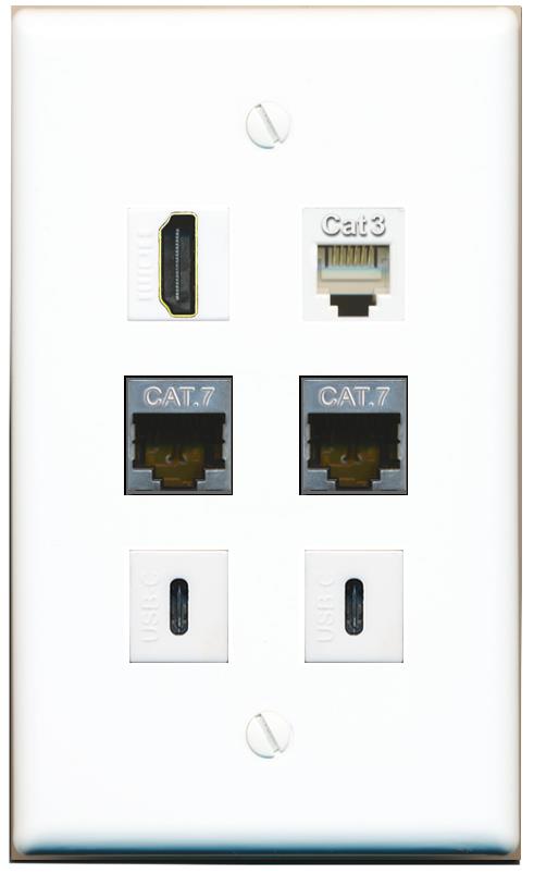  2 CAT7 HDMI PHONE 2 USBC Flat/Solid Wall Plate [White]